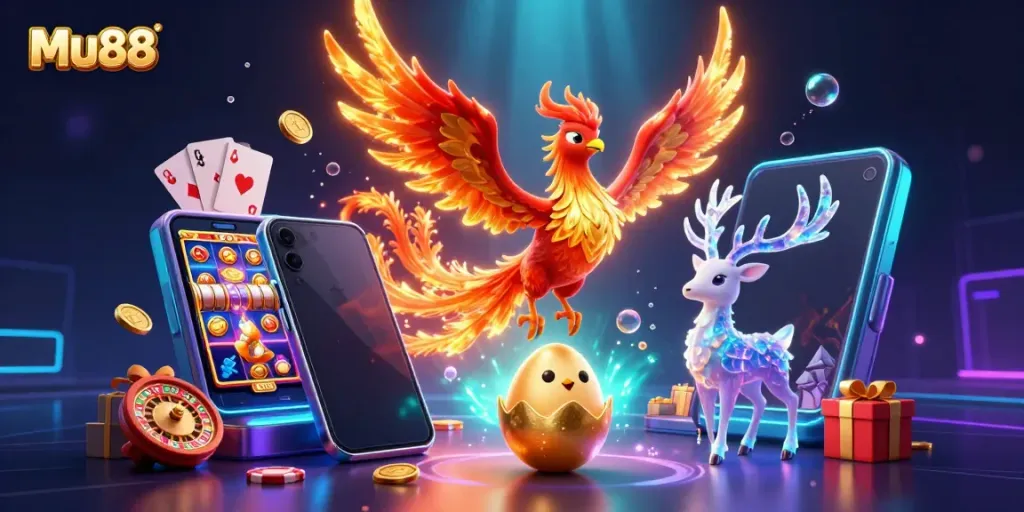 Experience Mu88 with vibrant animated elements featuring a phoenix and gaming elements bringing excitement and wins.