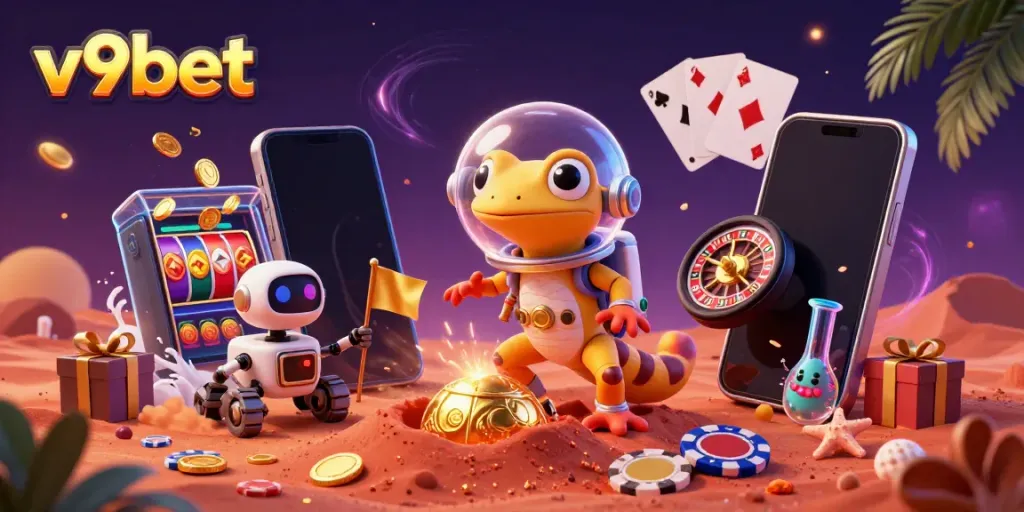 Experience vibrant gaming action with v9bet in this dynamic Martian casino illustration featuring engaging characters and game elements.