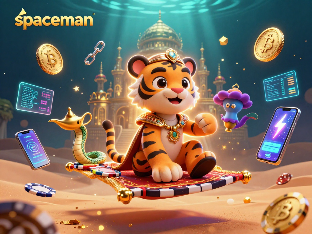 Spin the reels with spaceman in a dazzling Arabic casino scene featuring vibrant crypto elements.