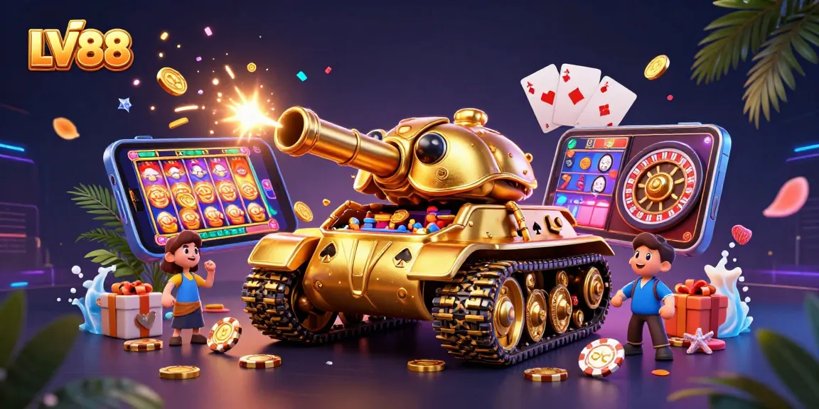 Experience thrilling action at LV88 with a vibrant casino-themed 3D illustration showcasing excitement and fun.