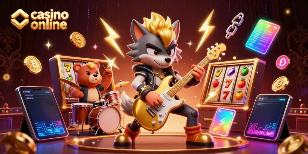 Experience casino online excitement with a 3D cartoon rock star wolf playing a guitar on stage amidst vibrant casino visuals.
