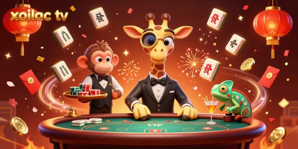Experience thrilling gameplay with xoilac tv, as a high-roller giraffe and monkey valet navigate a vibrant casino.