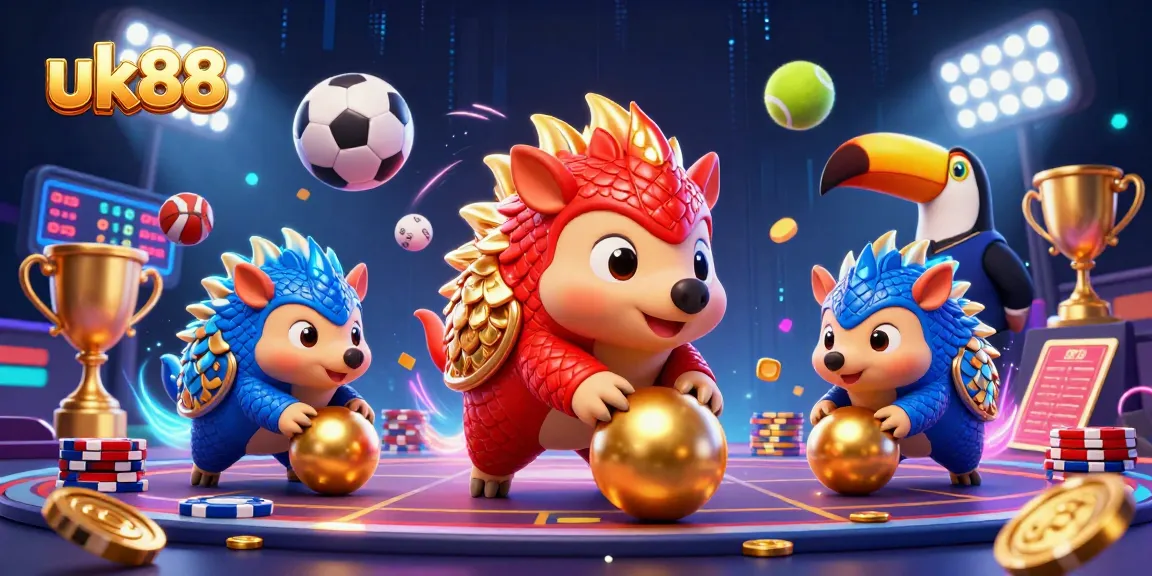 uk88 pangolins competing in a casino-themed battle, surrounded by sports elements and confetti.