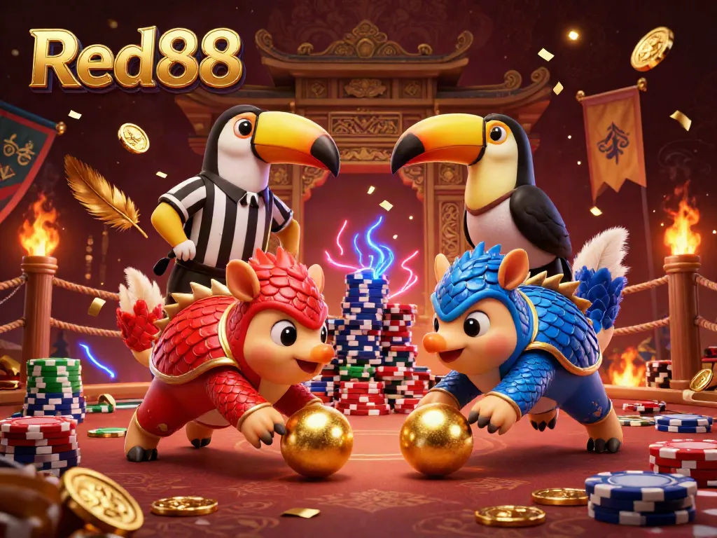 Experience vibrant gambling action with Red88, featuring rival pangolins and poker chips in a dynamic casino scene.