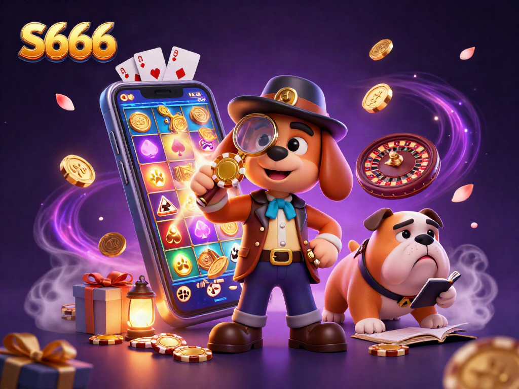S666 players strategizing amidst vibrant casino elements, with glowing slots and poker chips.