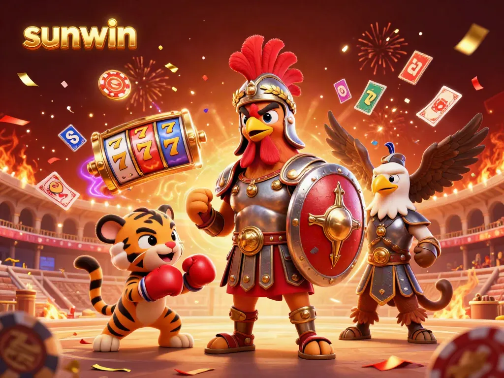 Experience the excitement at sunwin with slot reels and a gladiator rooster in a dynamic casino illustration.