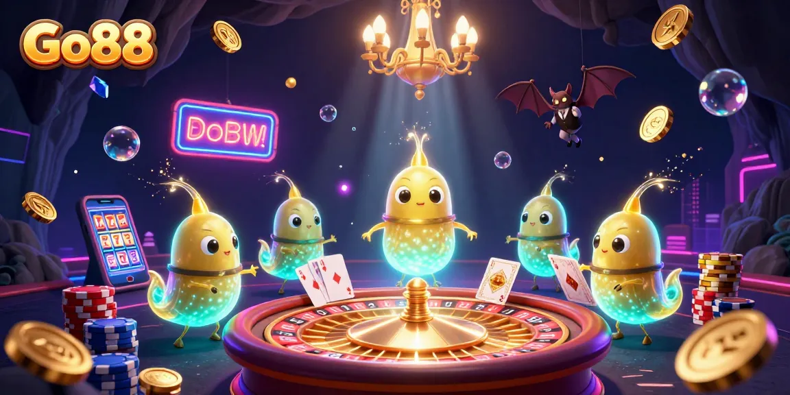 Experience the exhilarating Go88 casino with glowworms and a bat dealer in a vibrant, immersive cave backdrop.