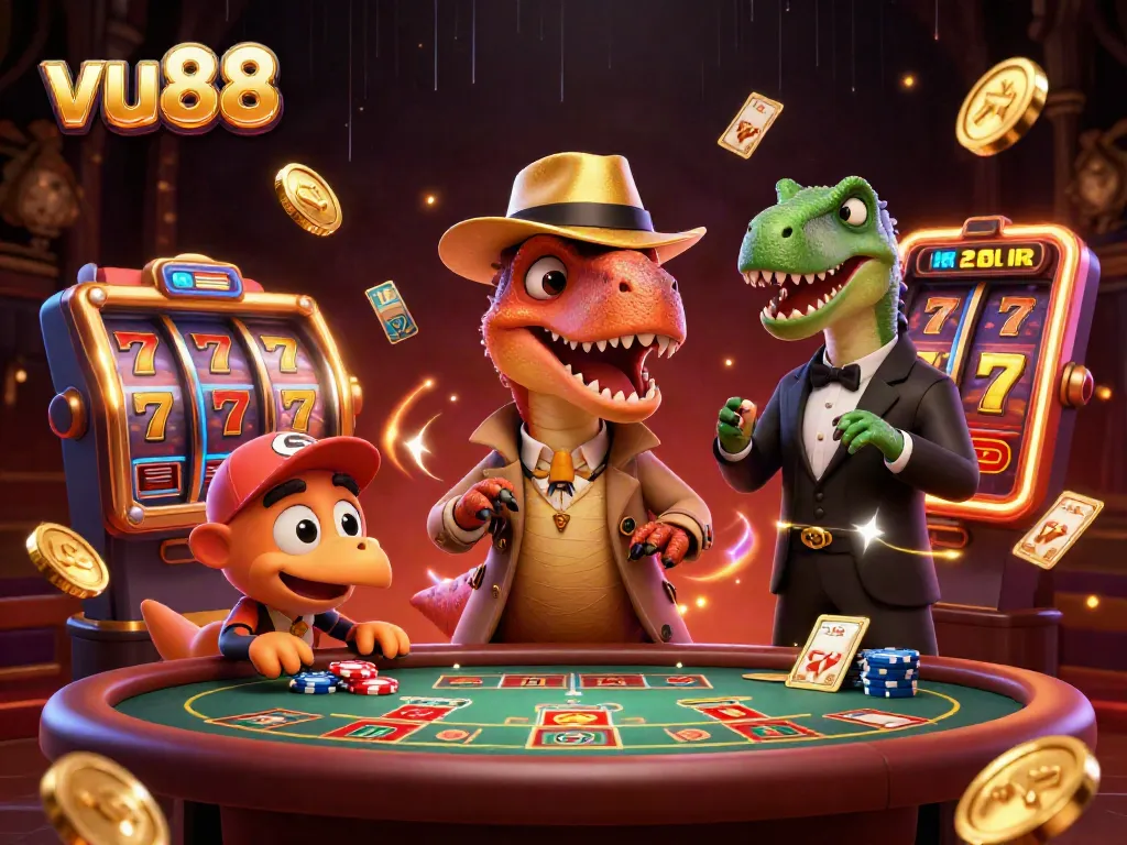 Experience thrilling gambling at vu88 with a cartoon velociraptor card counter in nuanced casino action.