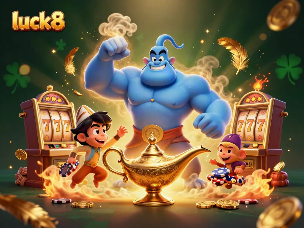 Spin the reels at luck8 with a dynamic genie, poker chips, and gold coins filling the casino scene.