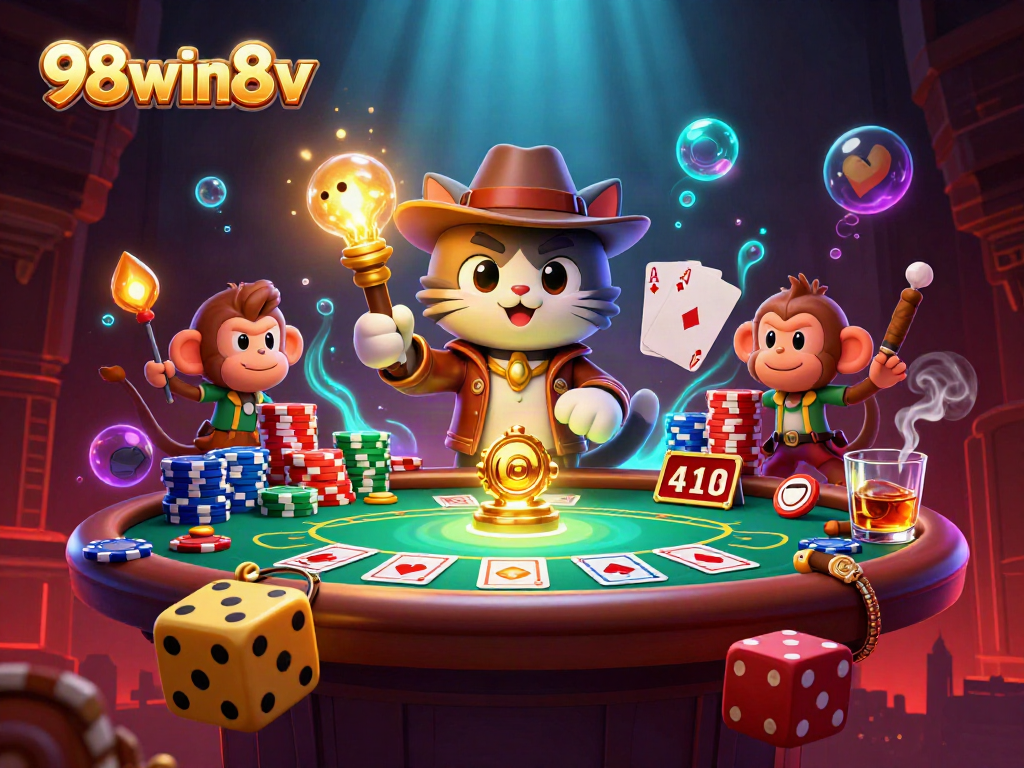Explore the vibrant casino adventure at 98win8v with an archaeologist cat and monkey.
