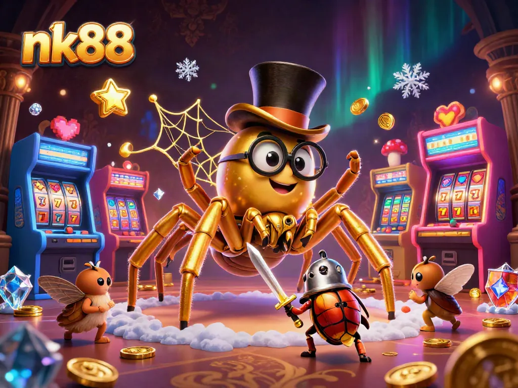 Engage with nk88's thrilling gaming world through an interactive illustration featuring a golden tarantula and beetle knight.