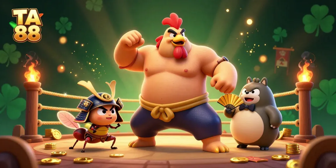 Place bets with TA 88 in a dynamic casino scene featuring sumo wrestler and samurai cricket.