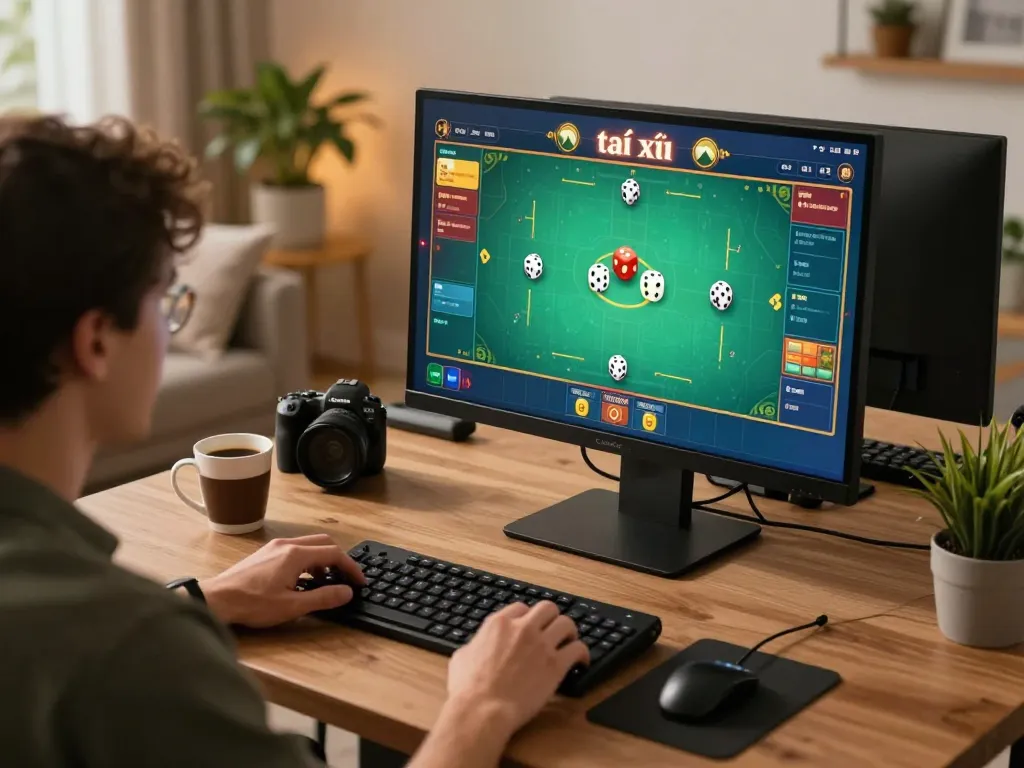 Tài xỉu online game in action during a cozy home gaming session, showcasing vibrant screens and comfortable atmosphere.