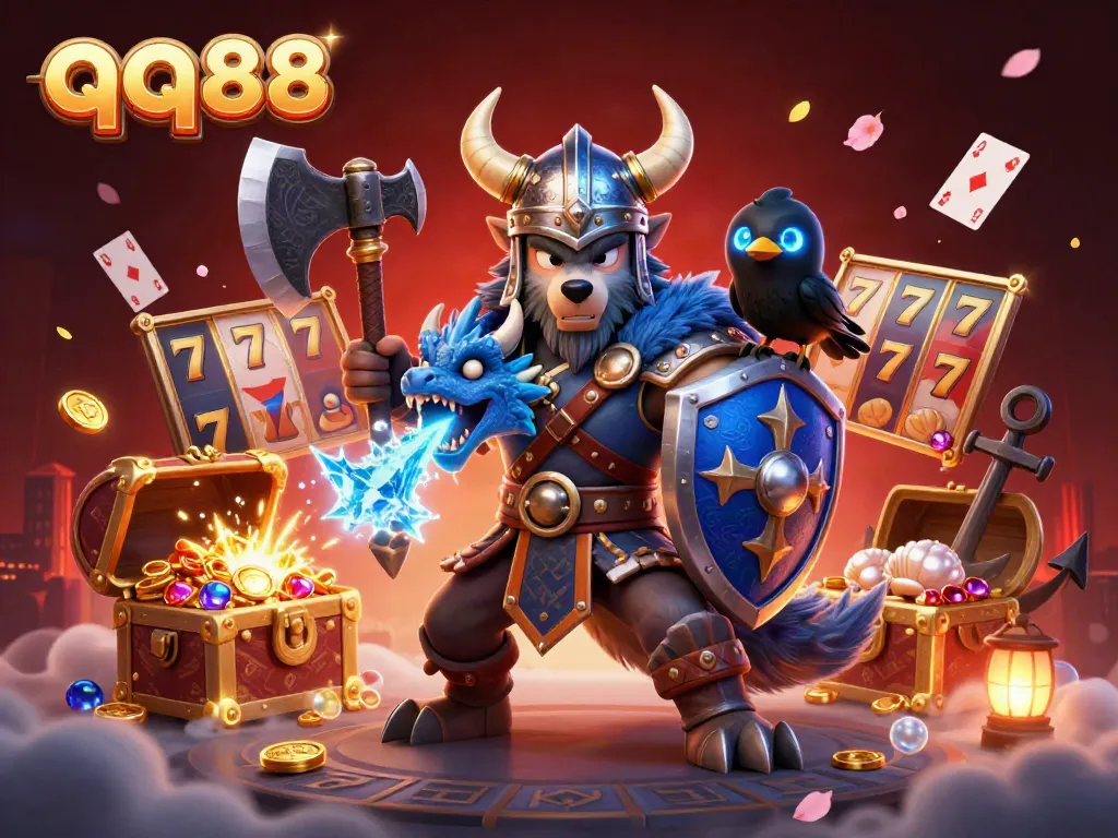 Experience the thrill of qq88 with vibrant slot reels and dynamic gaming elements in a magical setting.