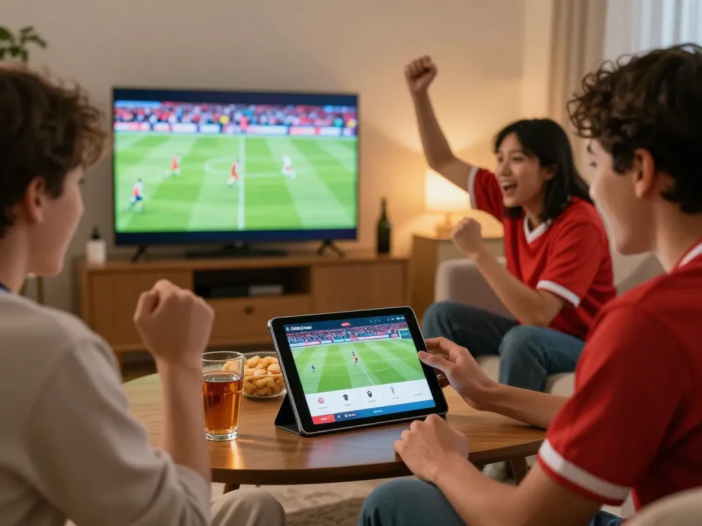 Socolive platform showcased on tablet as friends enjoy live football together in a cozy setting.