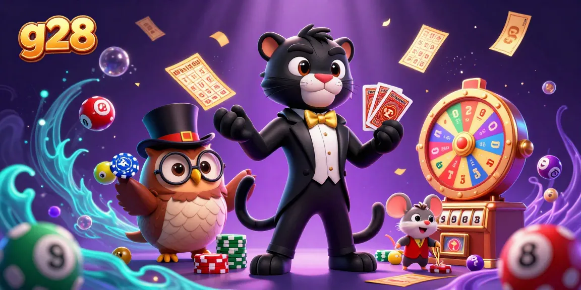 g28 showcases a cute owl with poker chips and a panther dealing cards in an exciting casino scene.