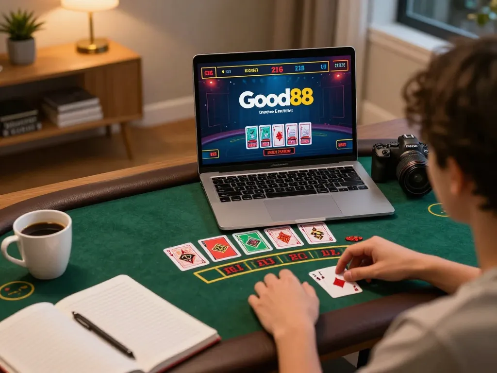 Engaged player at a live casino game on Good88, showcasing strategic betting at home.