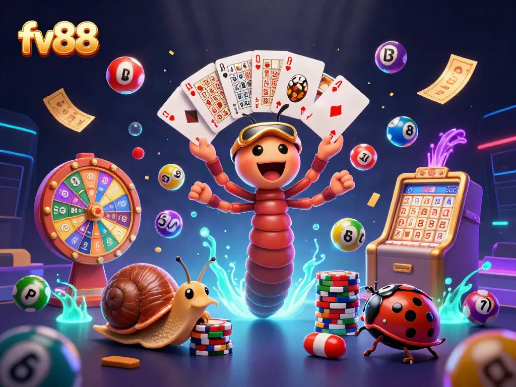 Experience the excitement of fv88 with a lively casino scene featuring colorful lottery elements and animated characters.