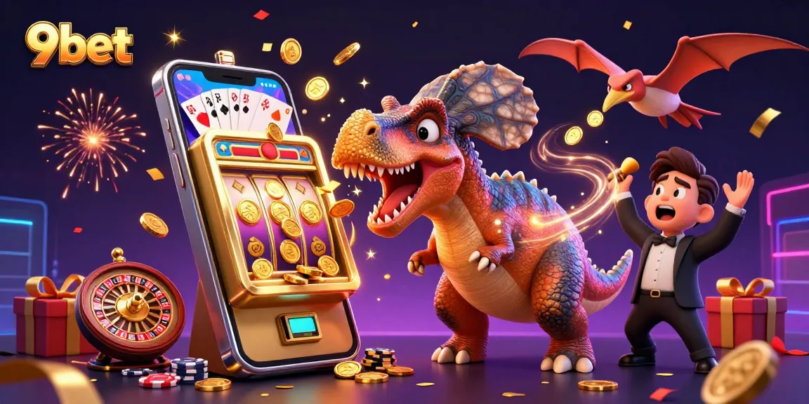 Experience the excitement of 9bet with a pachycephalosaurus celebrating jackpot wins, surrounded by casino action.