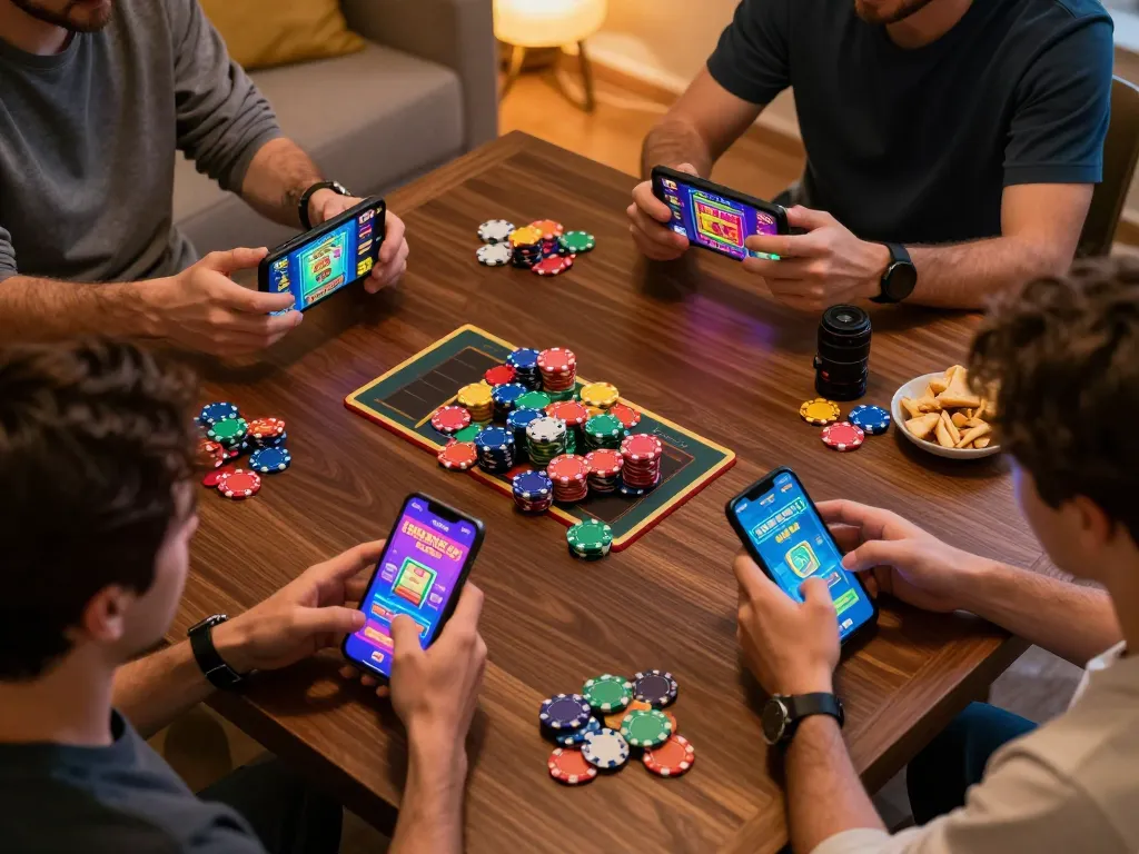 Players enjoy fo88 online games, engaging in lively gameplay with smartphones in a cozy setting