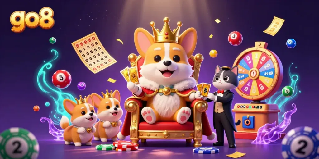 Experience the vibrant world of go8 in this dazzling 3D casino scene with royal characters and exciting game elements.