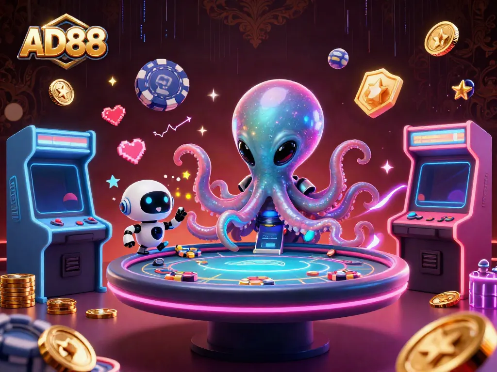 Experience thrilling gaming with the AD88 alien octopus at a holographic poker table.