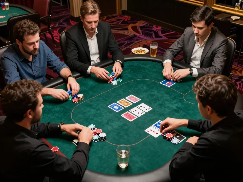 ROKOK88 players strategizing during an intense poker game with colorful chips and cards.