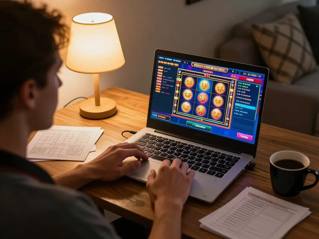 SX88 player engaging with online slots game on laptop, home gaming atmosphere