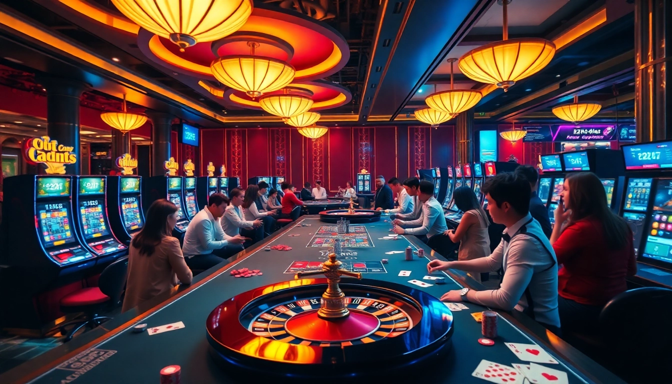 E2bet players enjoying a vibrant casino atmosphere with roulette and slot machines.