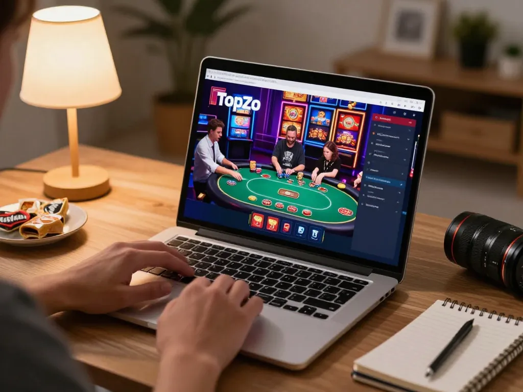 Player engaging with Topzo gaming app on a laptop in a cozy home setting, showcasing vibrant online gambling atmosphere.
