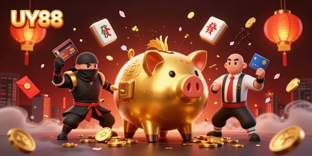 Experience UY88 with a vibrant 3D illustration of exciting casino-themed characters action