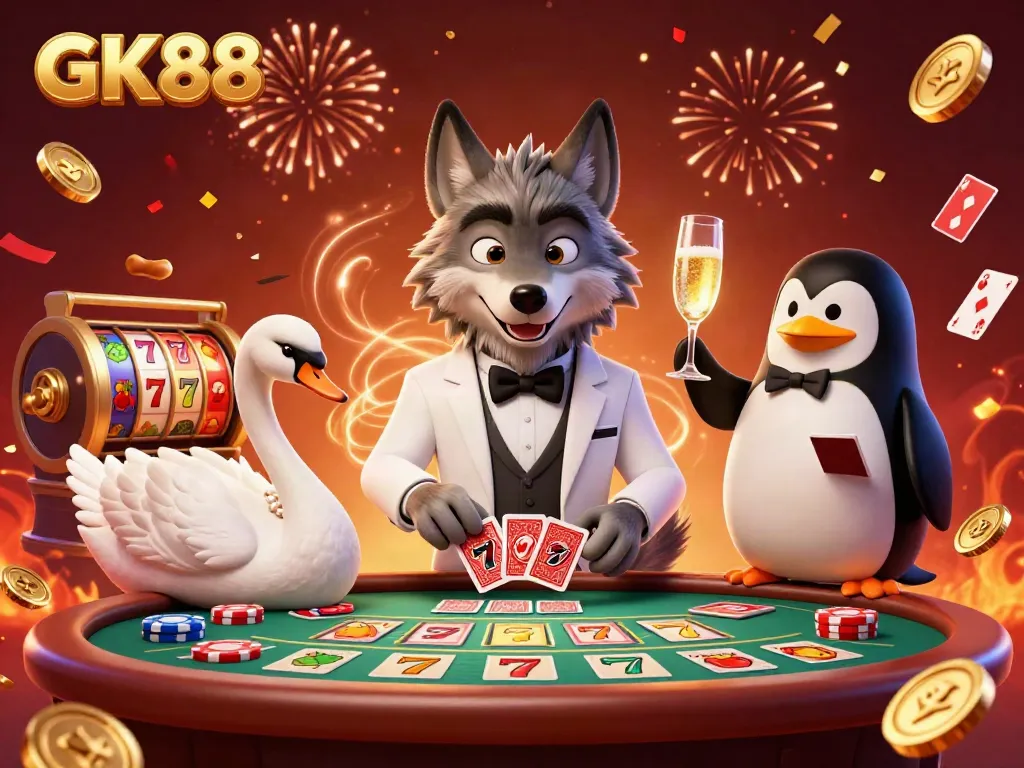 GK88 casino illustration featuring a debonair wolf and elegant swan at a baccarat table.