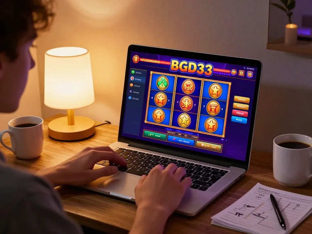 Player strategizing while using the bgd33 online casino platform on a laptop, surrounded by gaming notes and coffee.