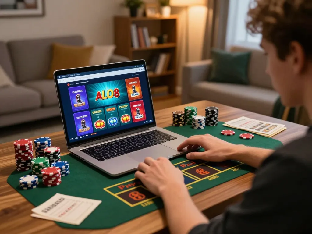 Player utilizing ALO8 casino app during online gaming session, showcasing vibrant scene.