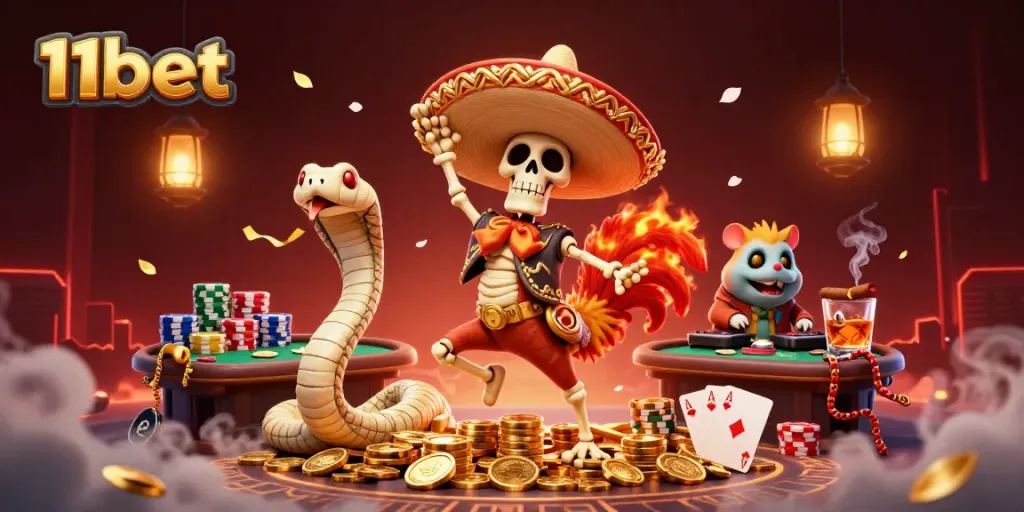 11bet showcases an exciting victory dance in a vibrant 3D casino scene filled with poker elements.