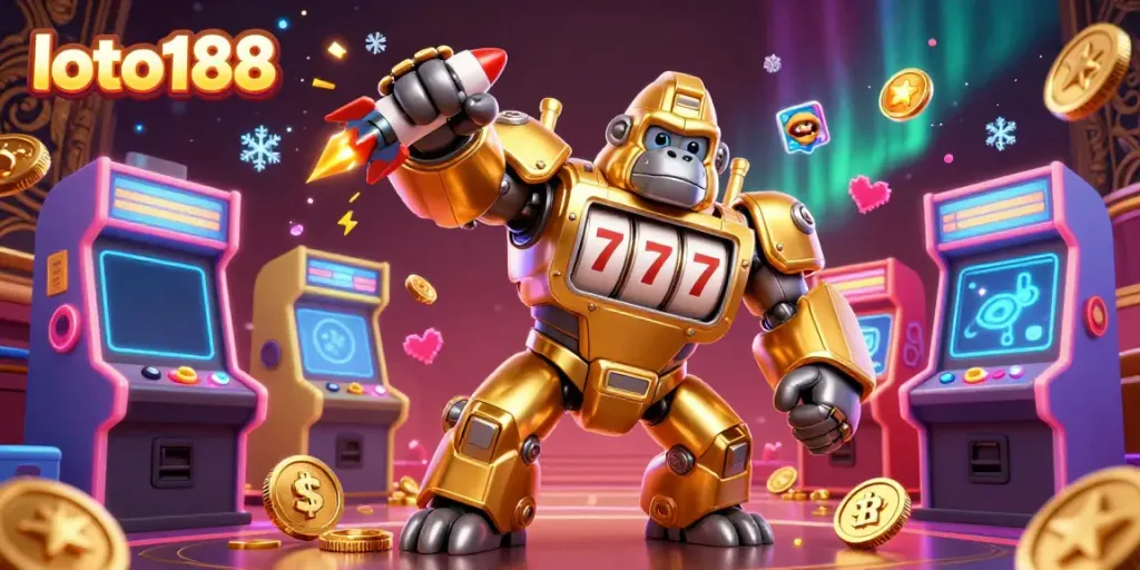 Experience the exciting loto188 universe with a golden gorilla mech exploding coins in a vibrant casino scene.