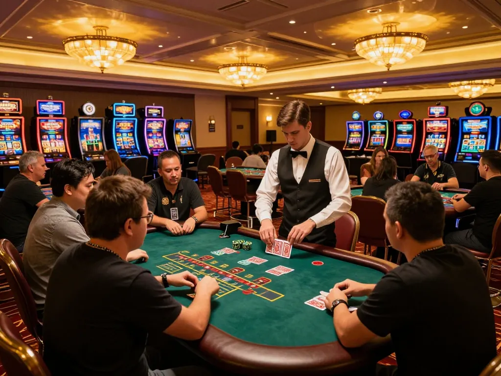 Players at VA88 blackjack table making strategic bets in a vibrant casino atmosphere.