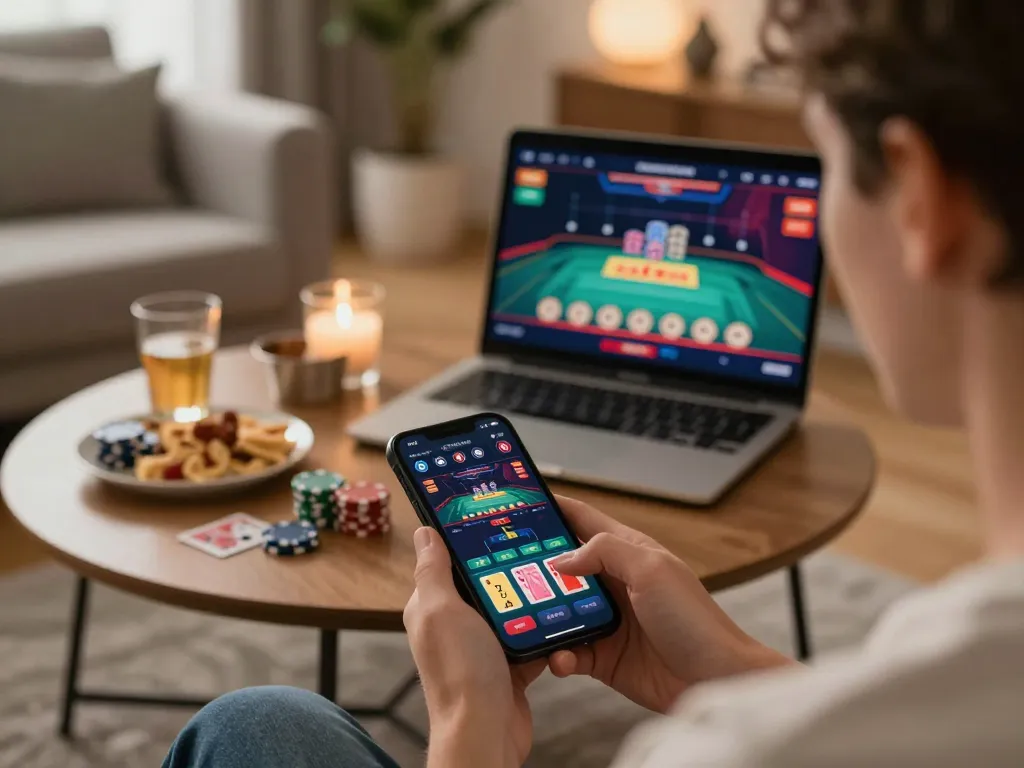 Player engaging with mb668 online casino app, showcasing live dealer games on smartphone with casual home setting
