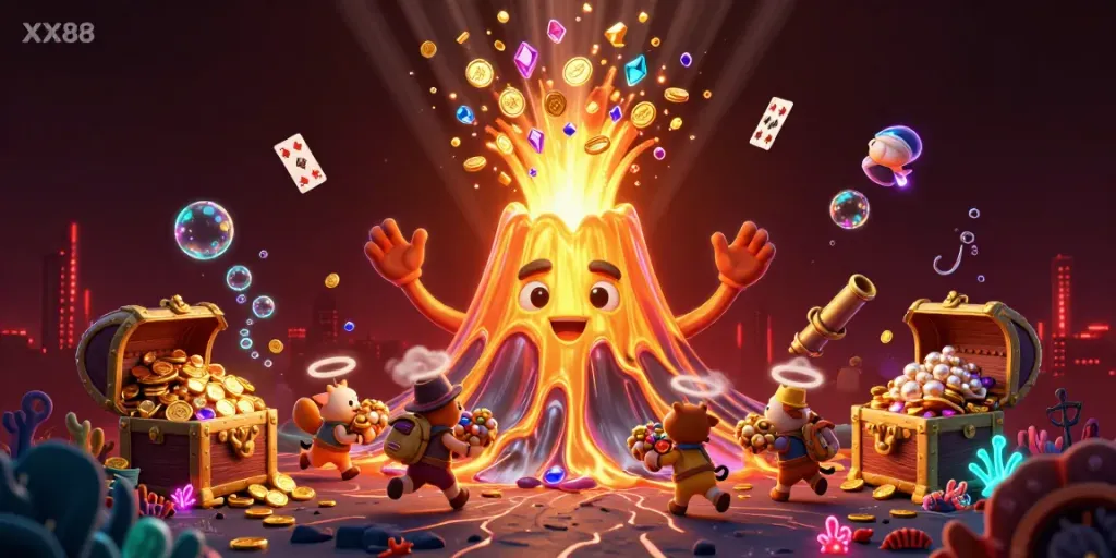 Experience thrilling wins at XX88 with vibrant treasures and adventure, showcasing a golden volcano bursting with riches.