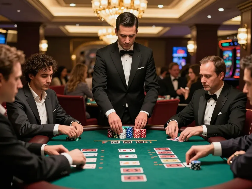 33WIN players strategizing at a high-stakes blackjack table in a stylish casino.