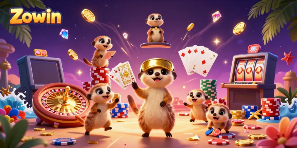 Meerkats running the Zowin casino with vibrant gaming elements and dynamic action.