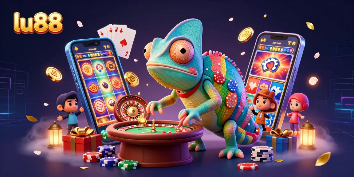 Experience the thrill of lu 88 with a vibrant scene featuring a chameleon casino owner and exciting games.