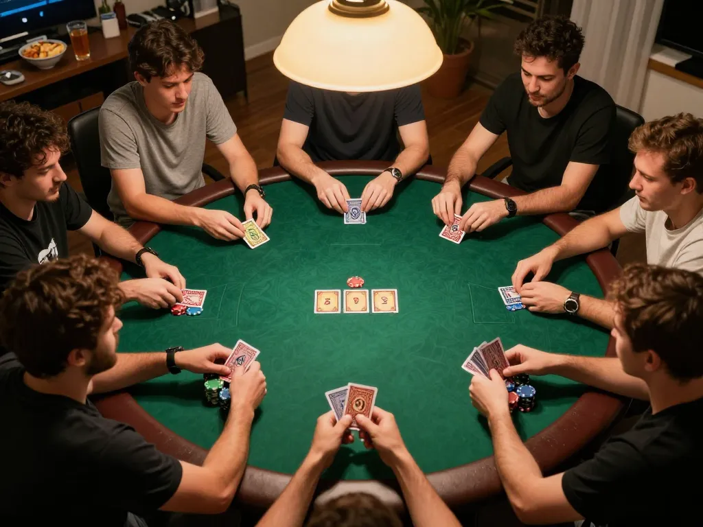 Engaged players at home poker night with sc88 poker game strategy, vibrant atmosphere, colorful chips and cards in action.