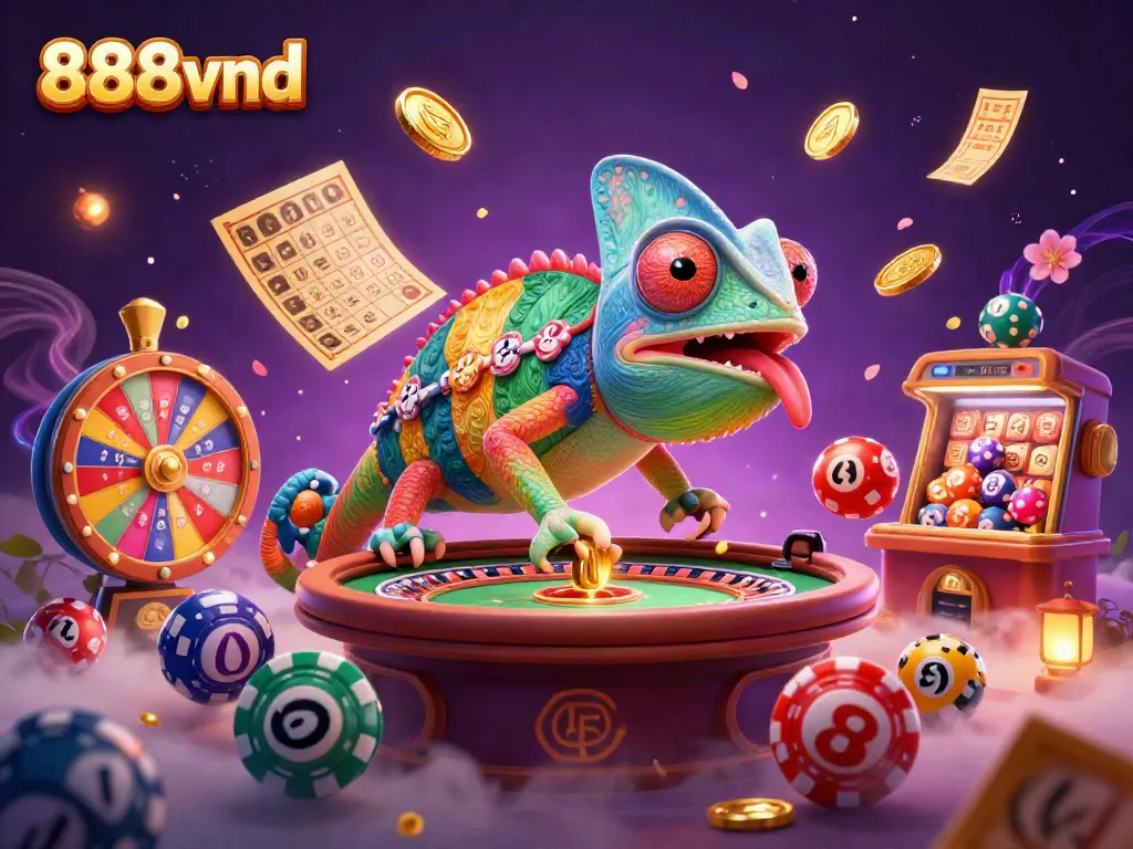 Engaging 3D illustration showcasing the exciting world of online gambling with 888vnd and dynamic casino elements.
