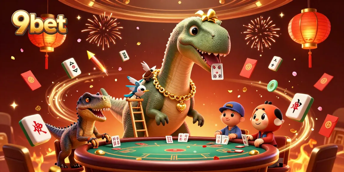 Experience 9bet excitement with a vibrant casino scene featuring a playful dinosaur and dynamic game elements.