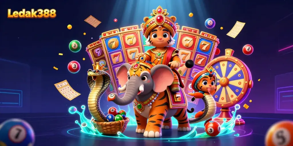 Experience the thrill of Ledak388 with a vibrant scene featuring slot games and engaging characters.