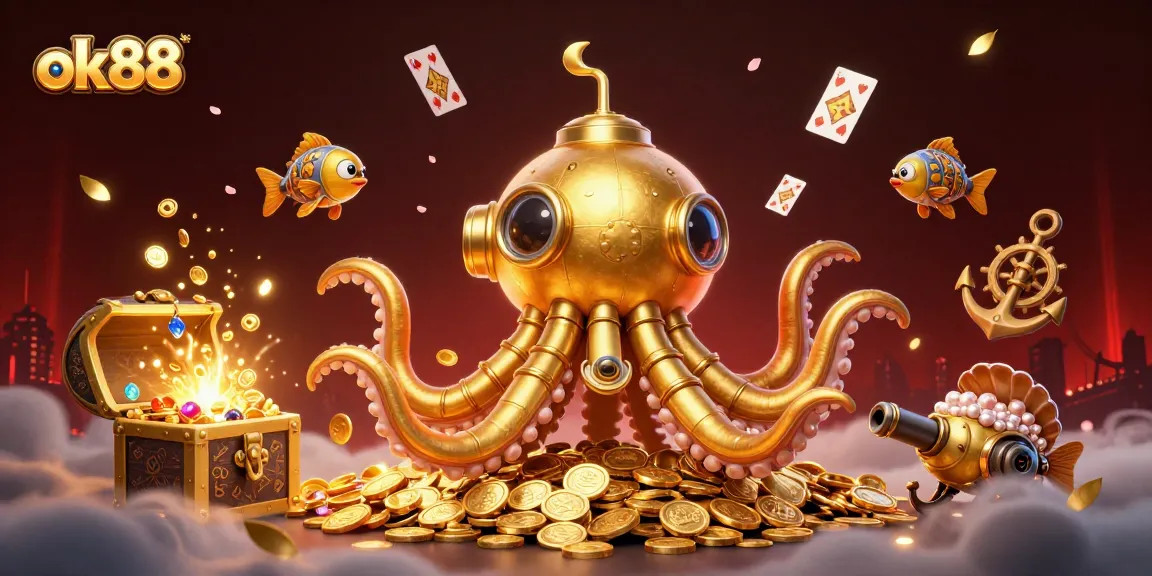Engage with exciting action at ok88 featuring a golden kraken submarine amidst a treasure-filled sea.