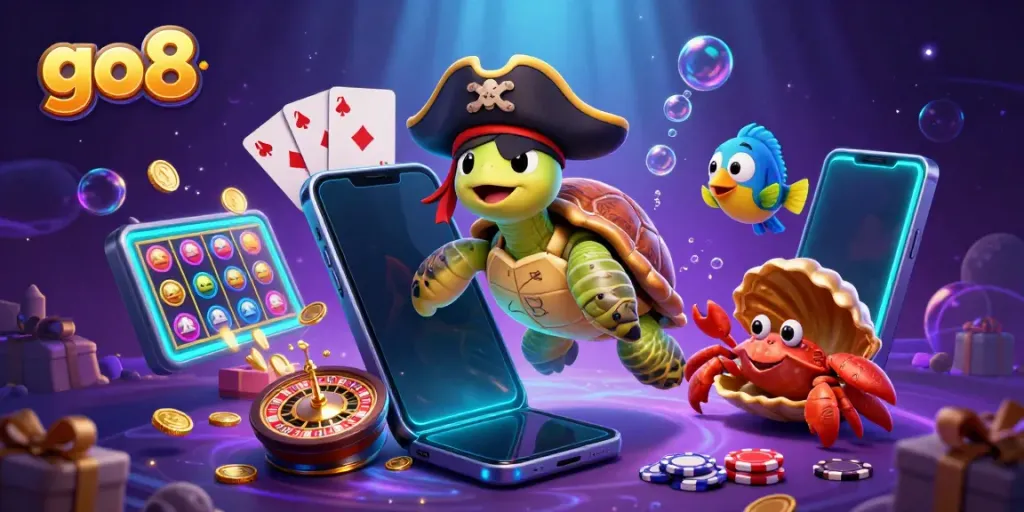 Engage in thrilling gameplay with go8's vibrant 3D gaming illustration featuring a treasure-hunting turtle, crab, and parrotfish.