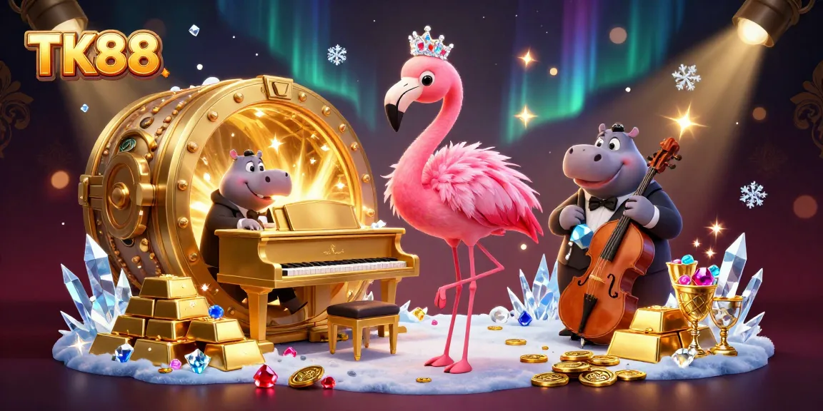 Experience exciting gameplay at TK88 with vivid casino illustrations featuring charismatic performers and gold treasures.