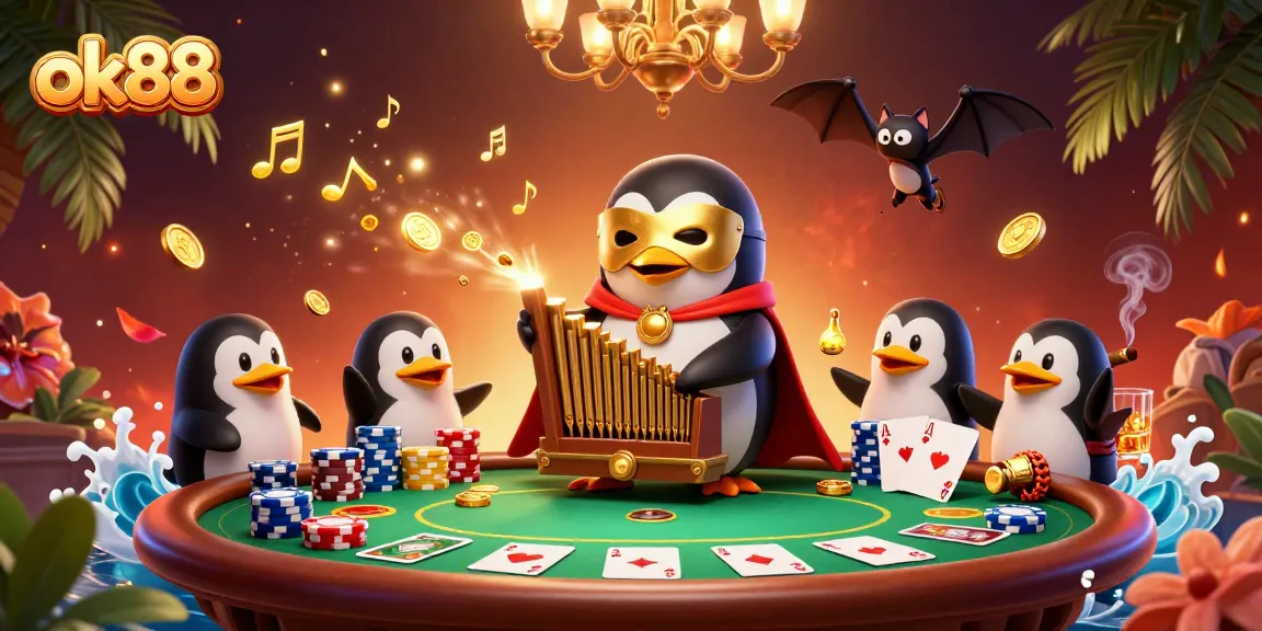 ok88 captivates players with a vibrant scene of gambling excitement featuring a cartoon penguin.